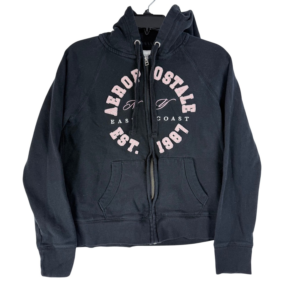 Aeropostale Zip Hoodie Women Medium Black Pink Graphic Y2K McBling Preppy